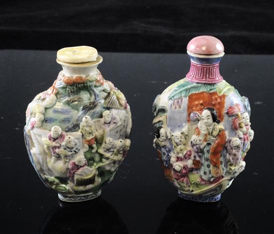 Two Chinese moulded famille rose snuff bottles, 1820-50, 7.5 and 7.8cm, Richards no.s 46 and 454